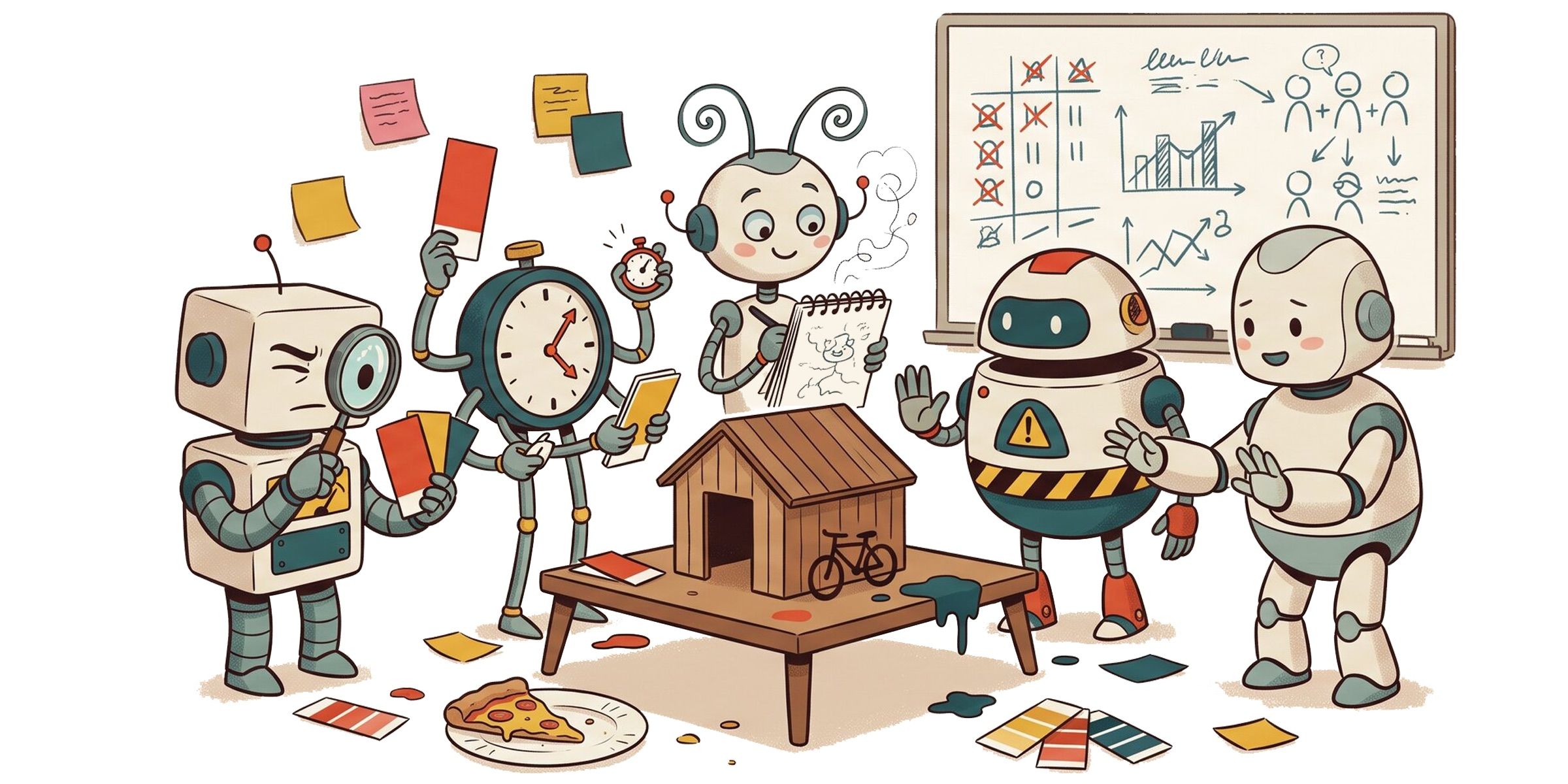 The five anthropomorphized Bikeshed bots arguing around a model bike shed, waving paint swatches, with a pizza slice on the floor