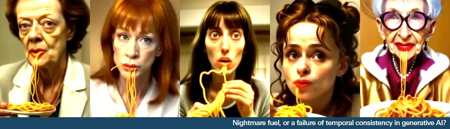 Five AI video stills of different women eating spaghetti, the pasta and mouths rendered slightly wrong in each