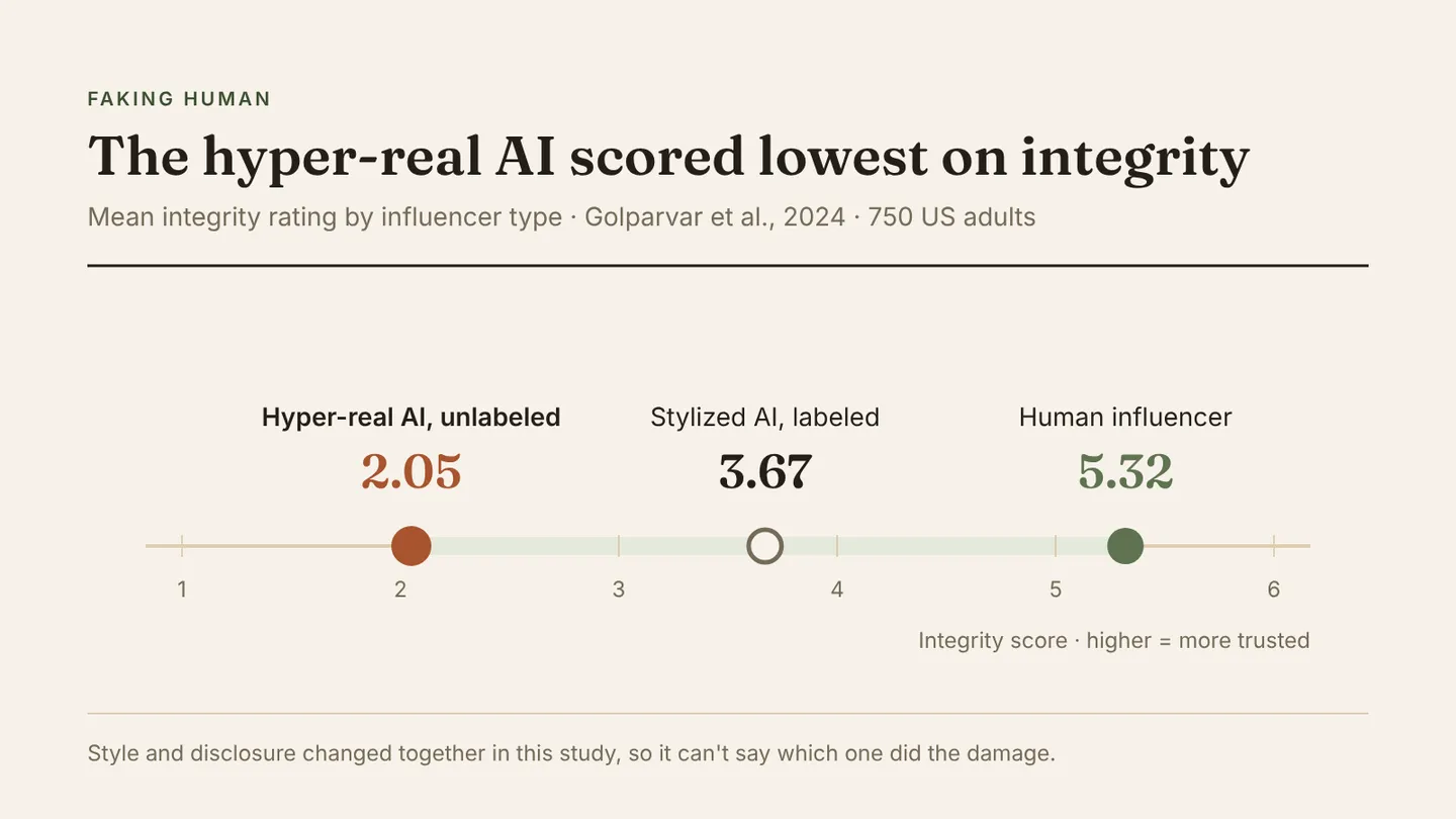 Integrity scores by influencer type: hyper-real AI, unlabeled, 2.05; stylized AI, labeled, 3.67; human influencer, 5.32 (Golparvar et al., 2024, 750 US adults)
